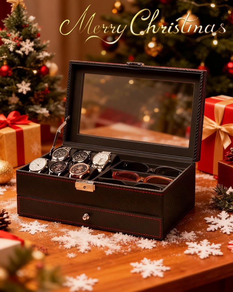 Jenseits Watch Box for Mens Jewelry Box, 6 Slot Watch Case & 3 Slot Sunglasses Organizer, Lockable PU Leather Jewelry Organizer Watch Display Storage W/Drawer For Rings Bracelets, Gift for Men Women - Image 2